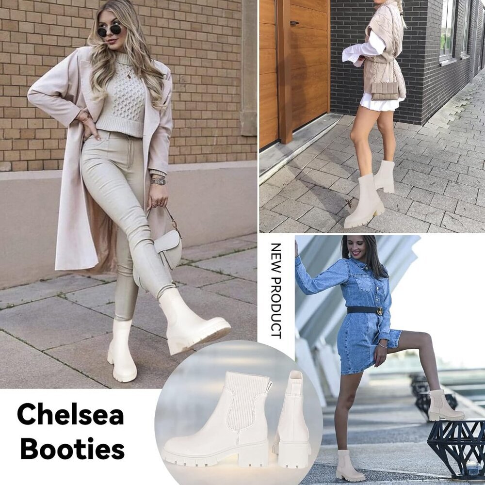 Women Cream Suede Low Wedge Heel Slip On Chunky Platform Chelsea Ankle Boots - Picture 6 of 6